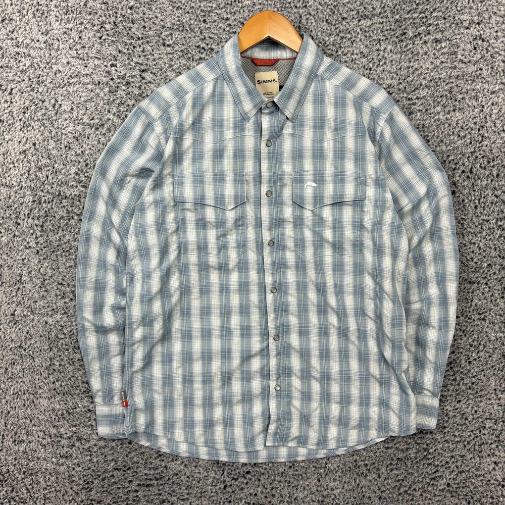 Simms Shirt Mens Large Blue Plaid Snap Button Vented Fishing Long Sleeve Outdoor